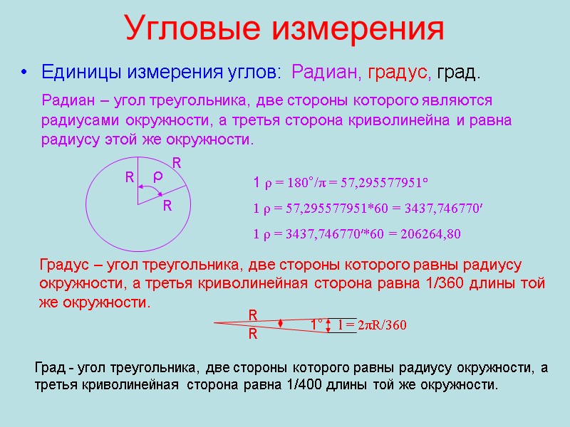 Угловые измерения Единицы измерения углов:  Радиан, градус, град.  Радиан – угол треугольника,